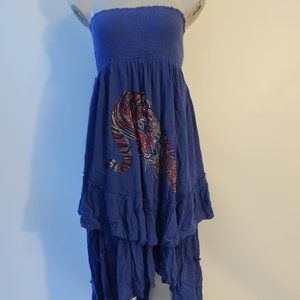 NWT Womens Moving Forward Blue Smocked Tiered Tiger Strapless Midi Dress L *